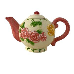Vintage Alco Industries Ceramic Teapot Embossed Pink Yellow Roses Small 4.5"
